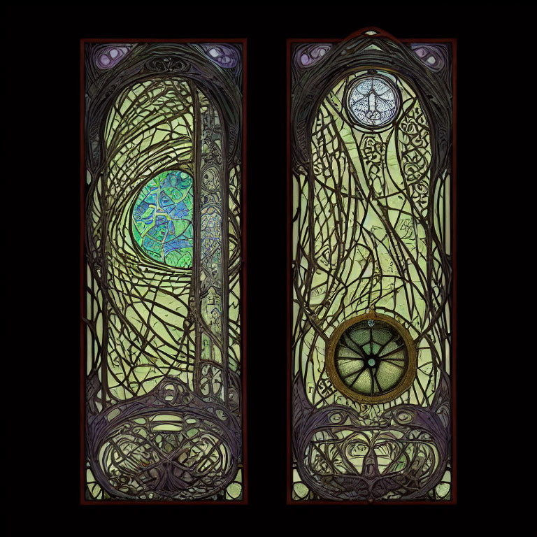 Intricate Swirling Designs on Stained Glass Windows