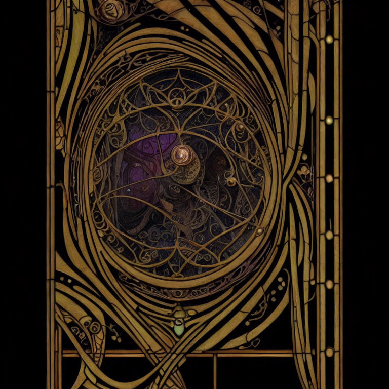 Art Nouveau Design: Golden Patterns & Purple Circular Motif