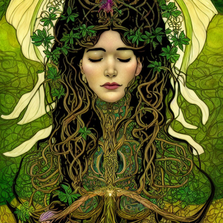 Woman with closed eyes adorned with intricate green foliage and vines.