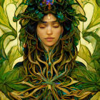 Woman with closed eyes adorned with intricate green foliage and vines.