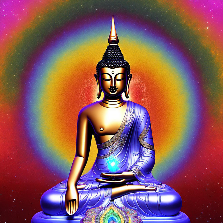 Colorful Seated Buddha Illustration with Radiant Aura Background