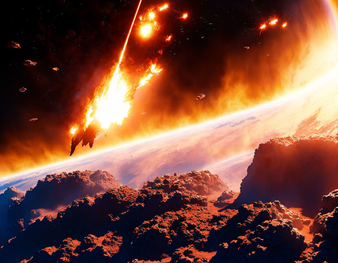 Meteorites on fire entering planet's atmosphere in cosmic scene