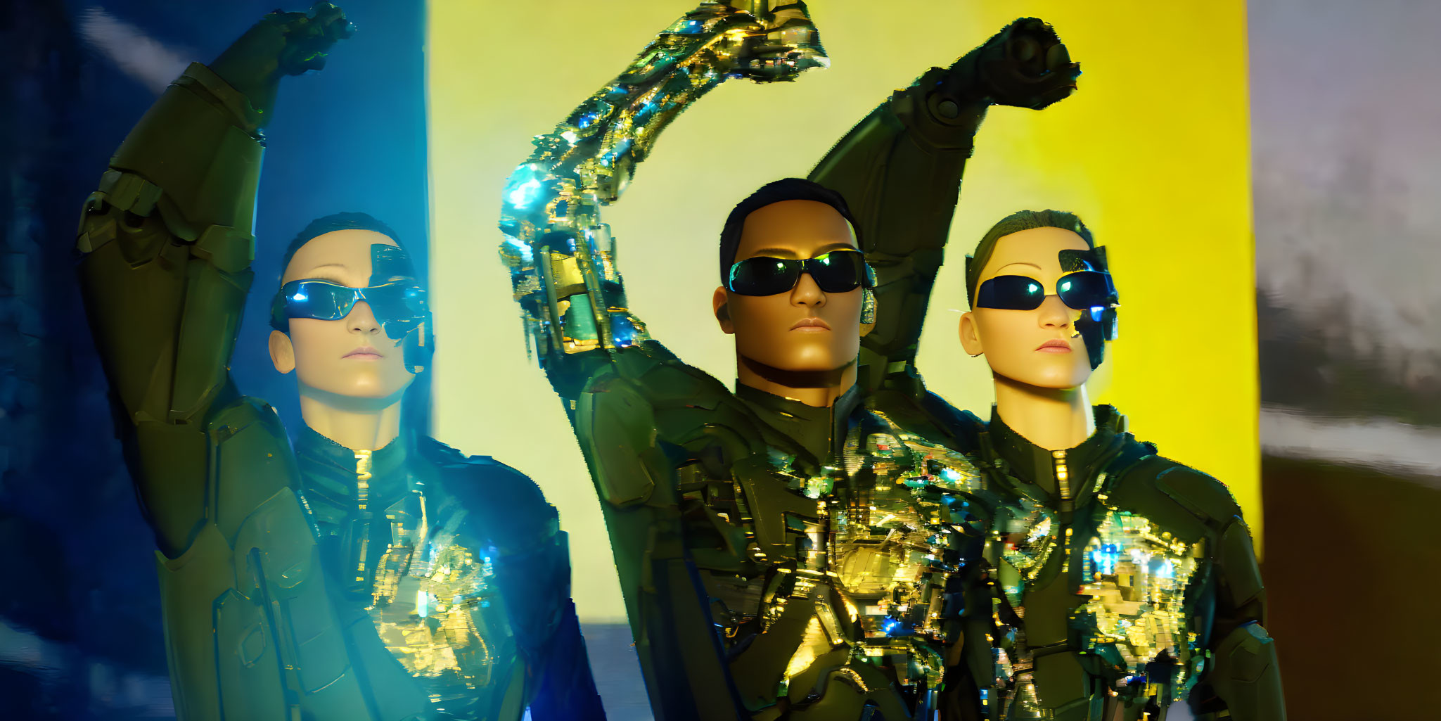 Futuristic sunglasses and illuminated clothing in colored lighting