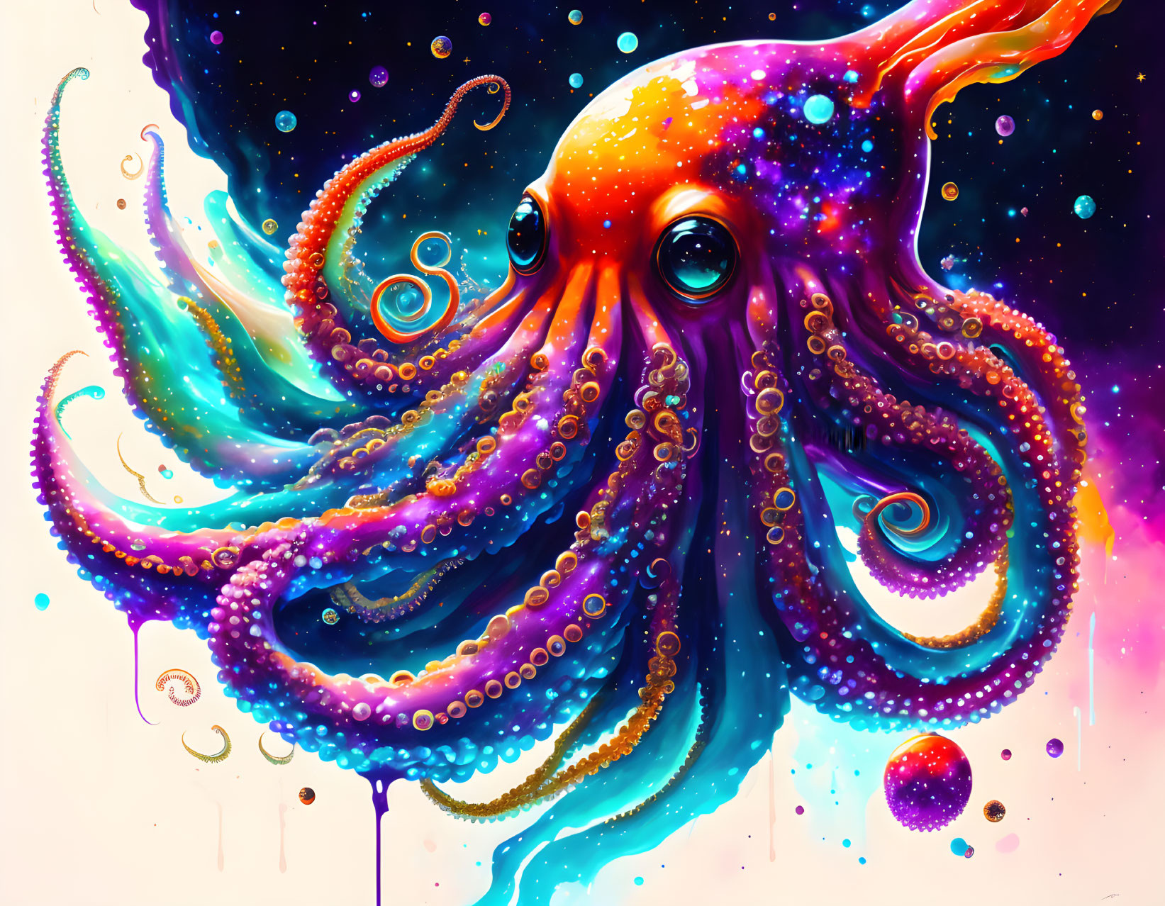 Colorful Octopus Artwork in Space with Cosmic Elements