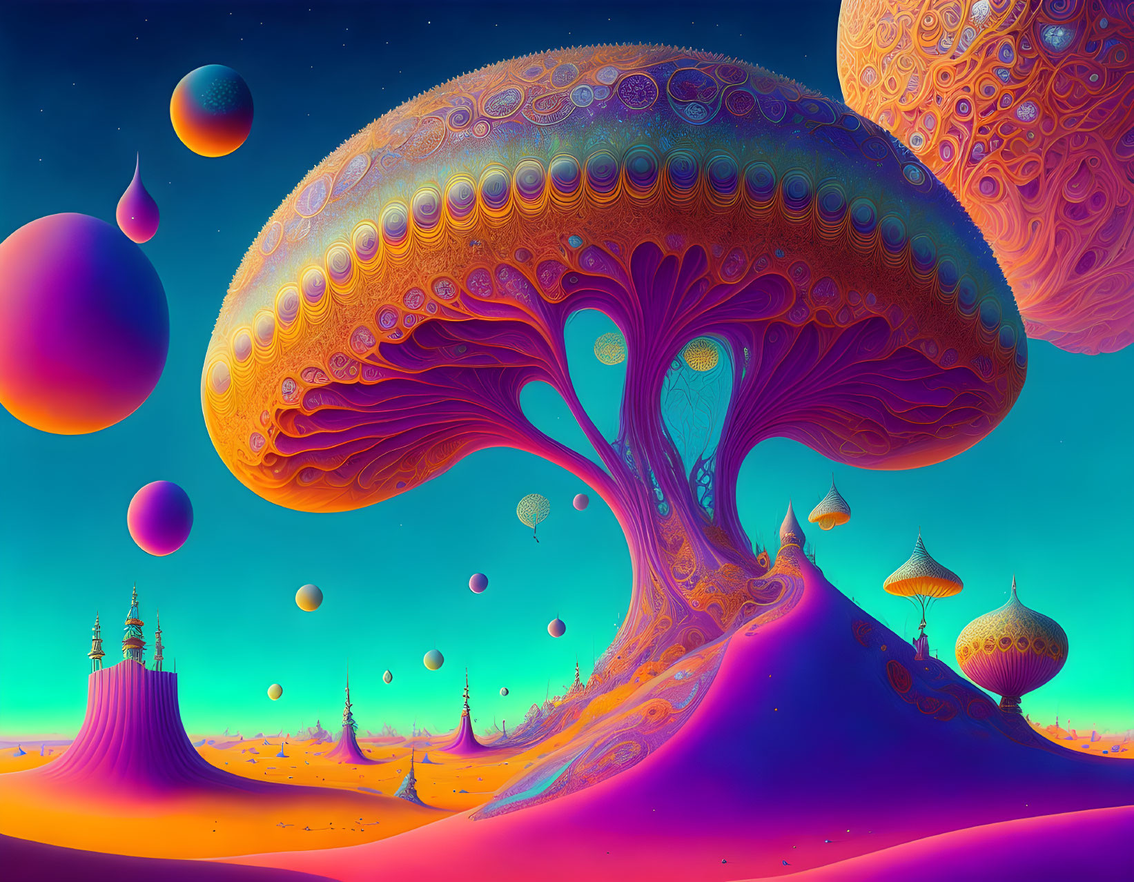 Surreal landscape with mushroom-like structures and floating orbs in vibrant colors