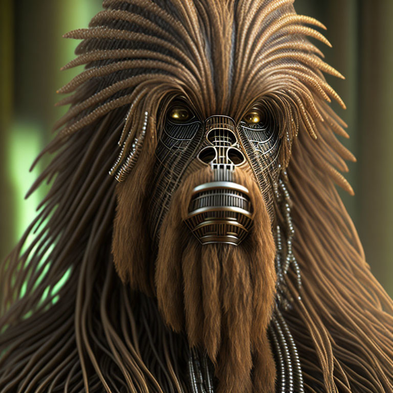 Detailed Digital Illustration: Creature with Human-Like Eyes and Metallic Facial Features in Brown Fur