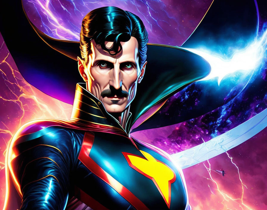 Superhero with Lightning Bolt Chest, Cape, and Mustache in Cosmic Background