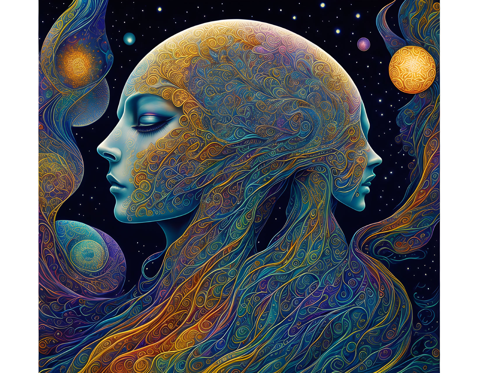 Colorful Psychedelic Woman Profile with Celestial Elements