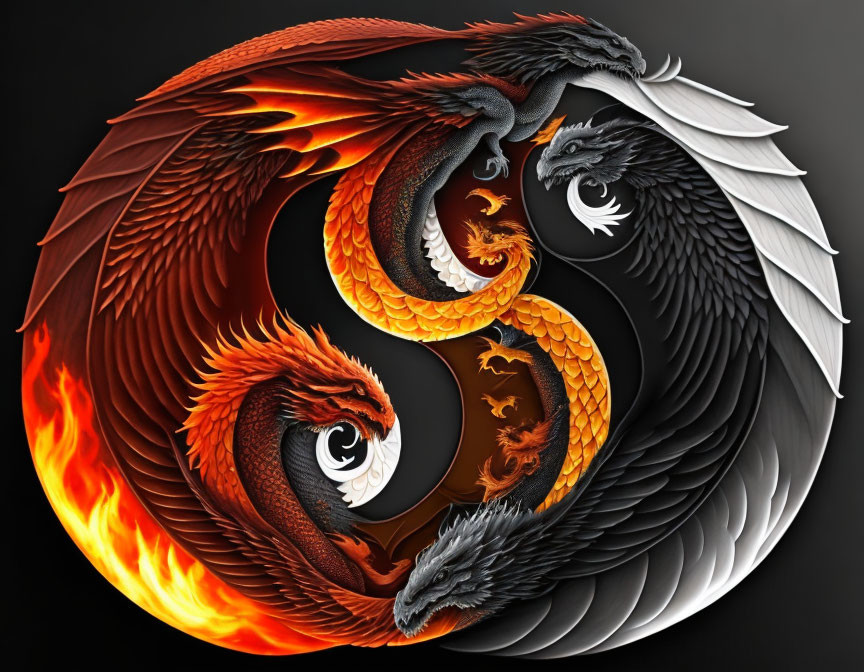 Vibrant digital artwork: Two intertwined dragons in yin-yang symbol