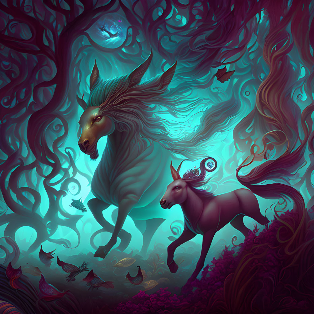 Enchanted forest scene with glowing flora, mystical horses, and moonlit sky