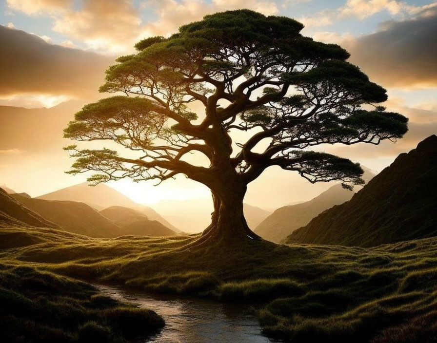 Majestic tree with lush canopy in serene sunset landscape