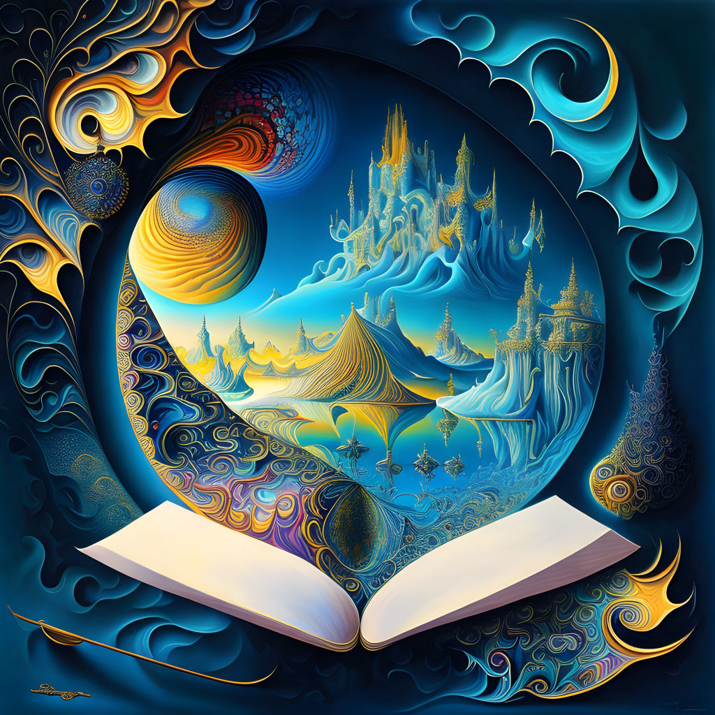 Illustrated open book with surreal fantasy landscapes and swirling patterns on dark background