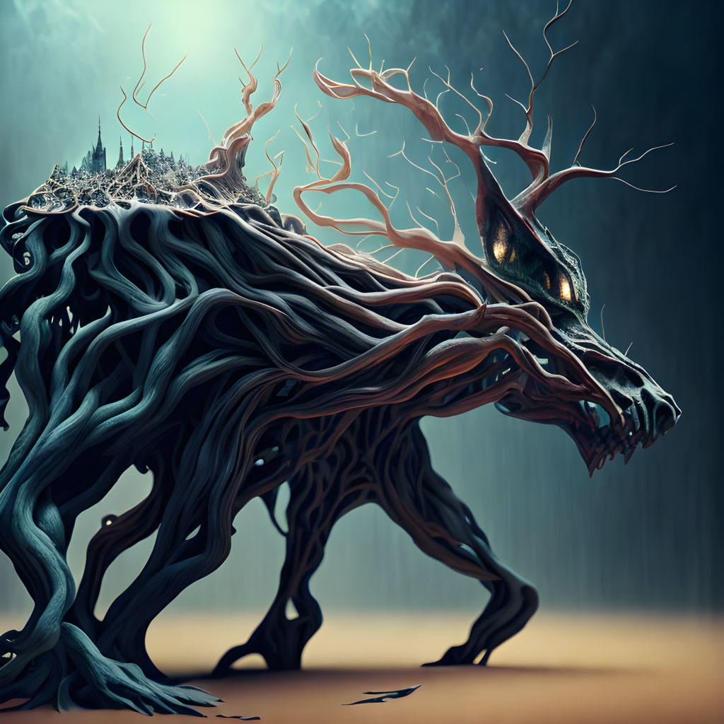 Majestic wolf-like creature made of tree branches, carrying castle and forest, with glowing eyes.