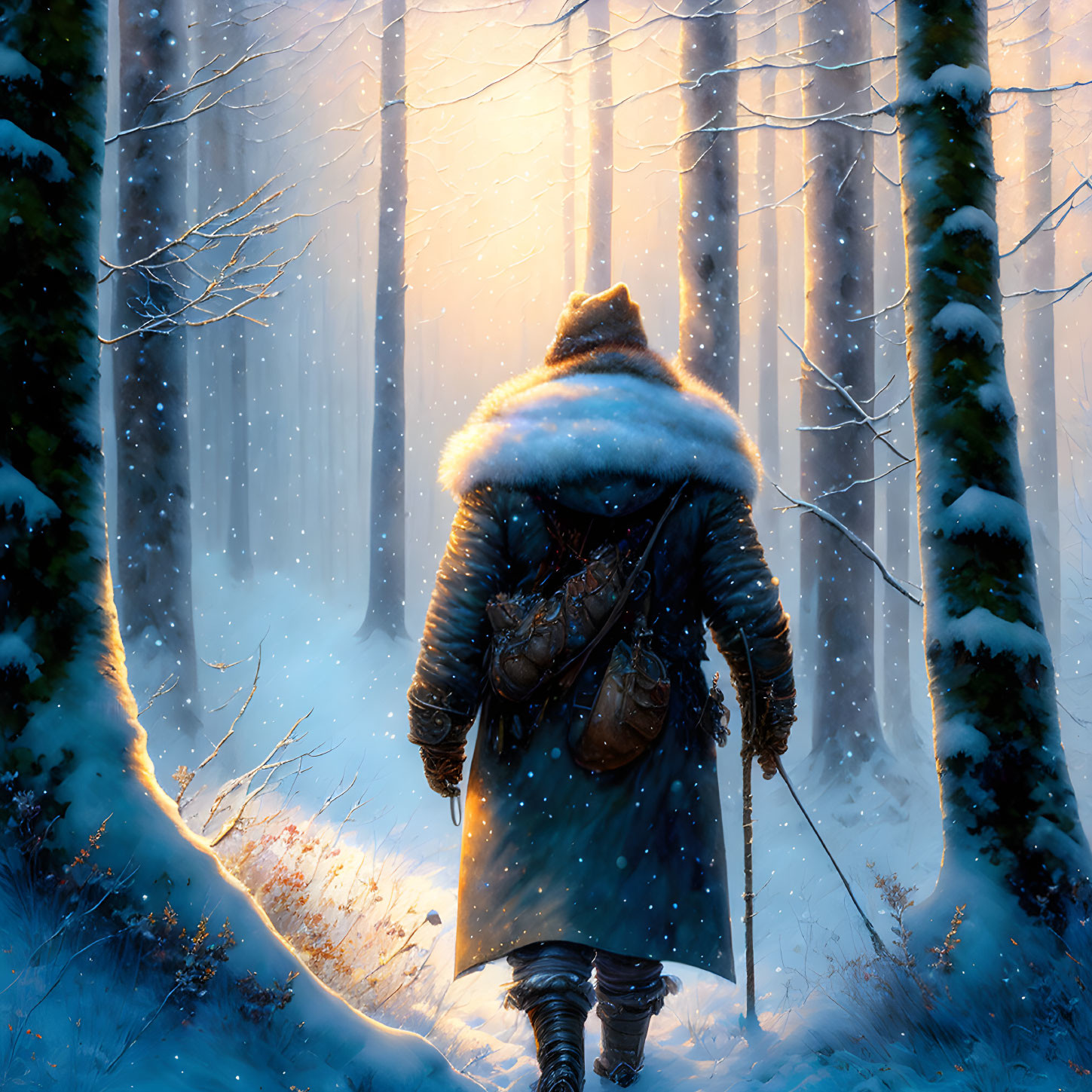 Person in Winter Cloak Walking Through Snowy Forest