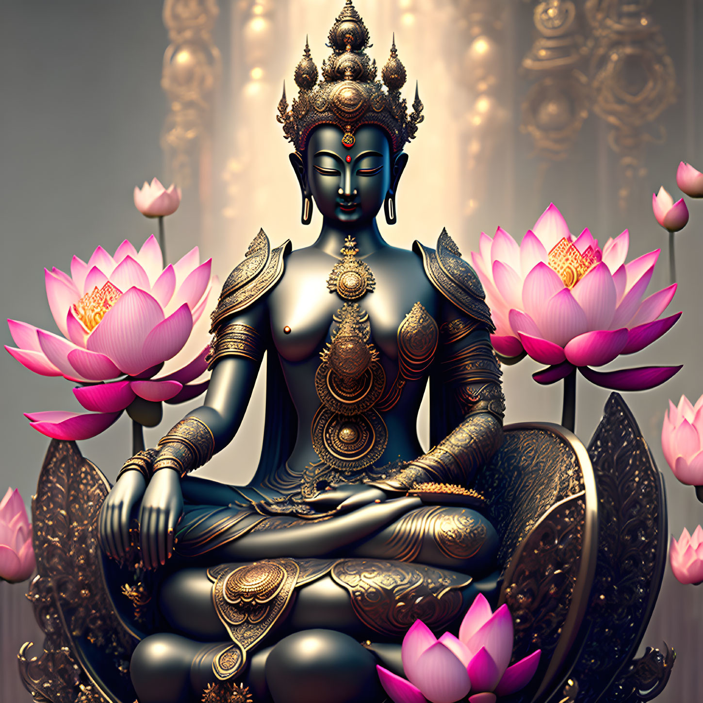 Ornate Buddha statue in meditation with golden patterns and lotus flowers