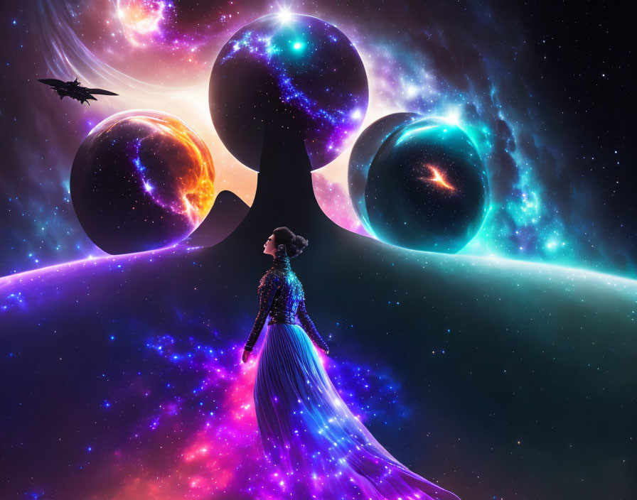 Woman in flowing dress on cosmic pathway with surreal planets, starry sky, and dragon silhouette