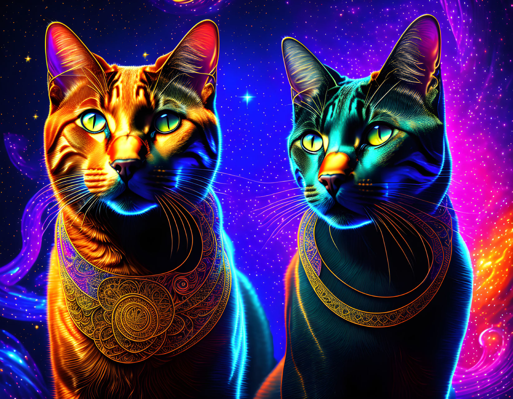 Vibrantly colored stylized cats with cosmic patterns and jewelry on starry space background