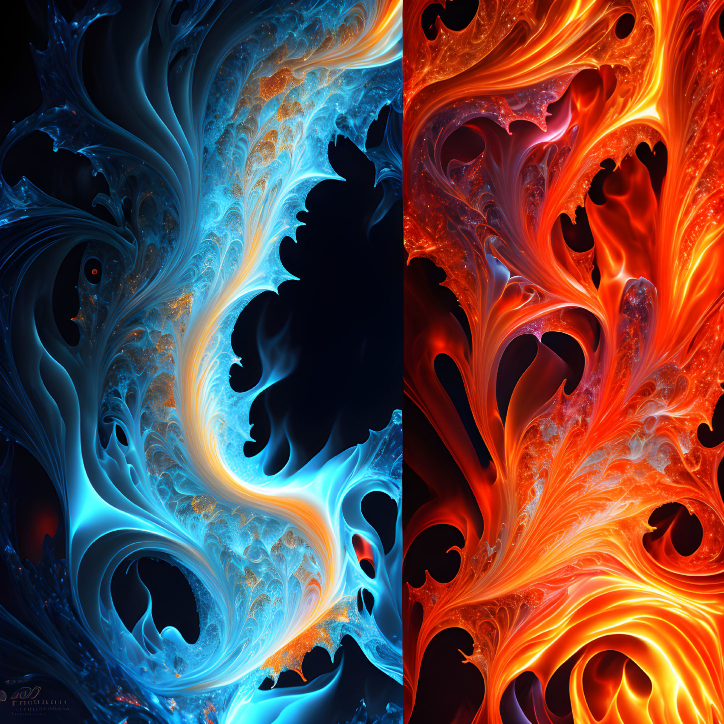 Abstract Digital Art: Split Blue and Red Fractal Patterns