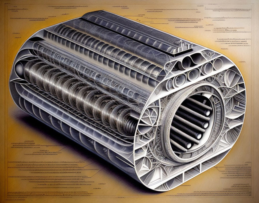 Cross-sectional view of jet engine with labeled components displaying intricate internal design