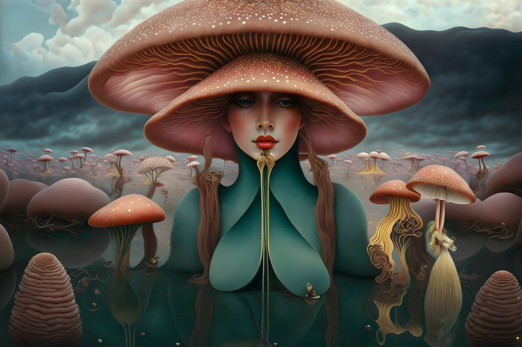 Surreal portrait of woman with mushroom hat in mystical setting