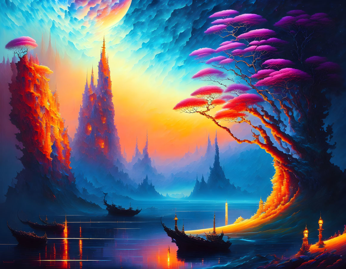 Colorful fantasy landscape with fiery sunset, purple foliage, tranquil water, mystical sky