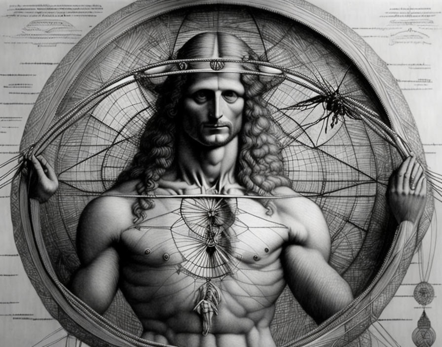 Monochrome drawing of male figure with Vitruvian proportions and geometric shapes.