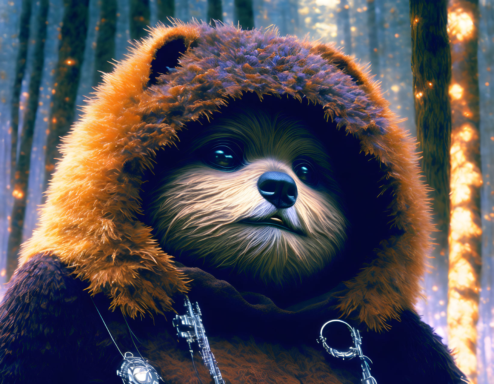 Digital artwork: Sloth in fluffy hooded jacket in mystical forest