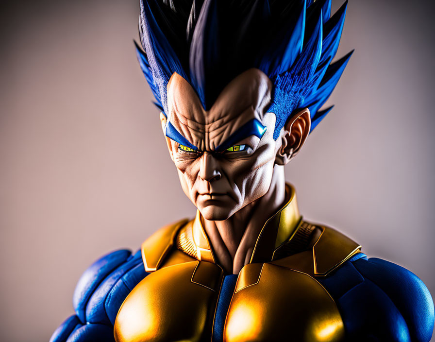 Blue Spiky Hair Action Figure with Intense Yellow Eyes and Stern Expression