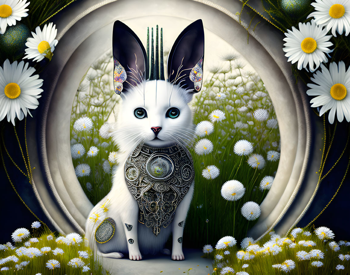 White Cat with Jewelry Surrounded by Daisies in Circular Frame