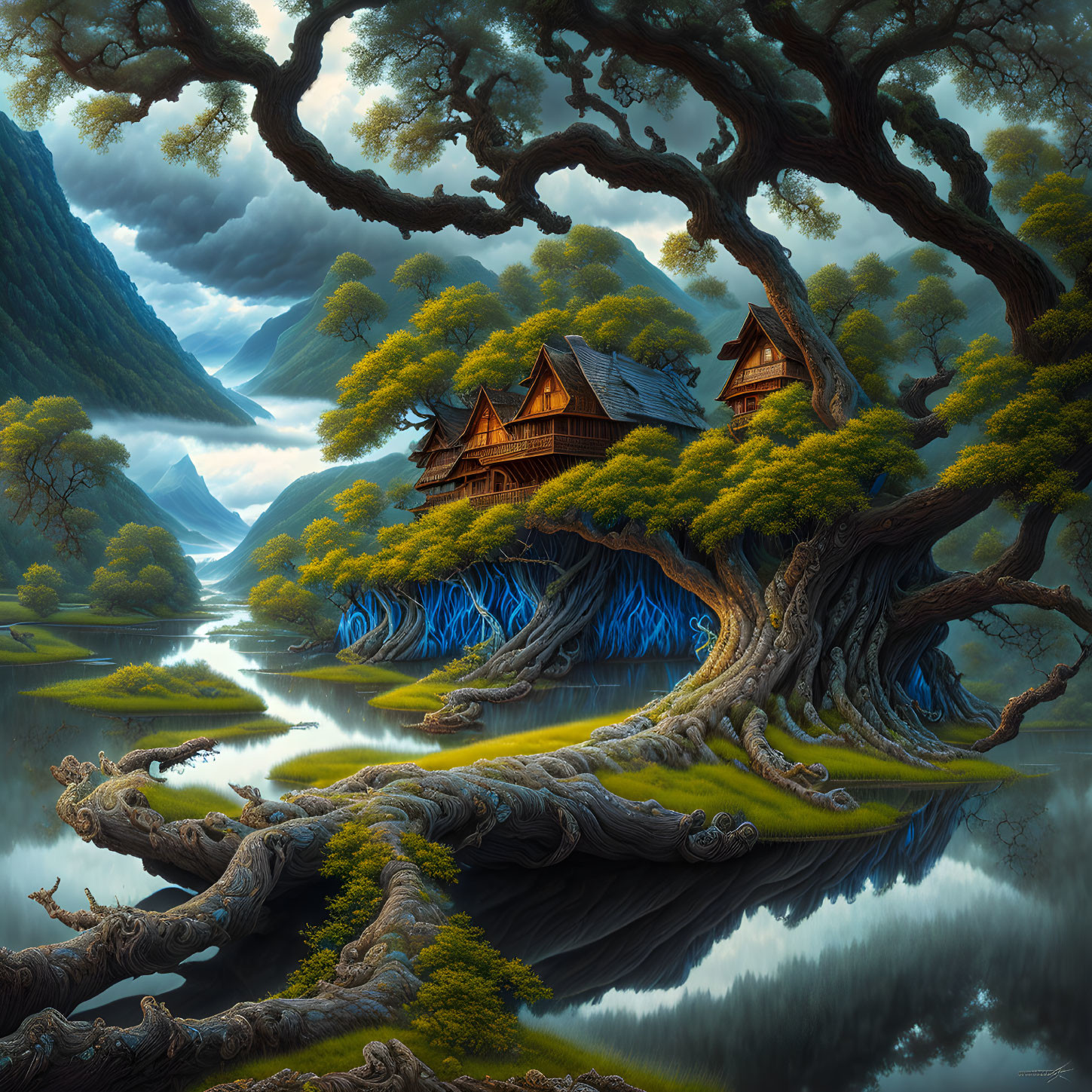 Mystical landscape with wooden house on ancient tree by serene river