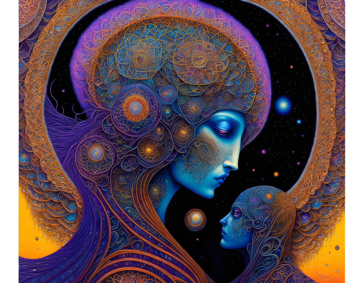 Colorful Psychedelic Profile Faces Illustration in Blue, Orange, and Purple