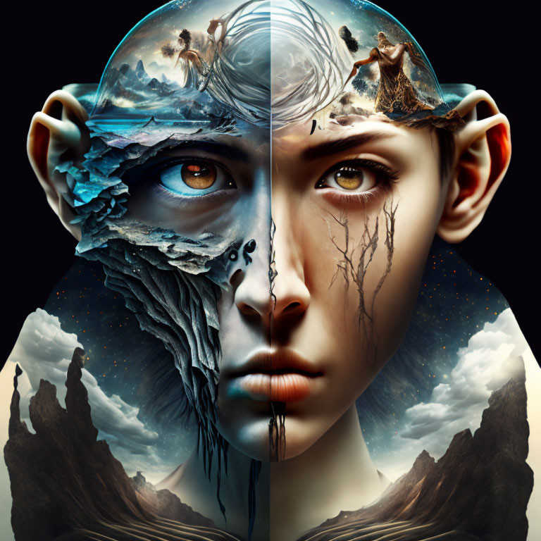 Surreal portrait blending human face with nature, space, and mythology