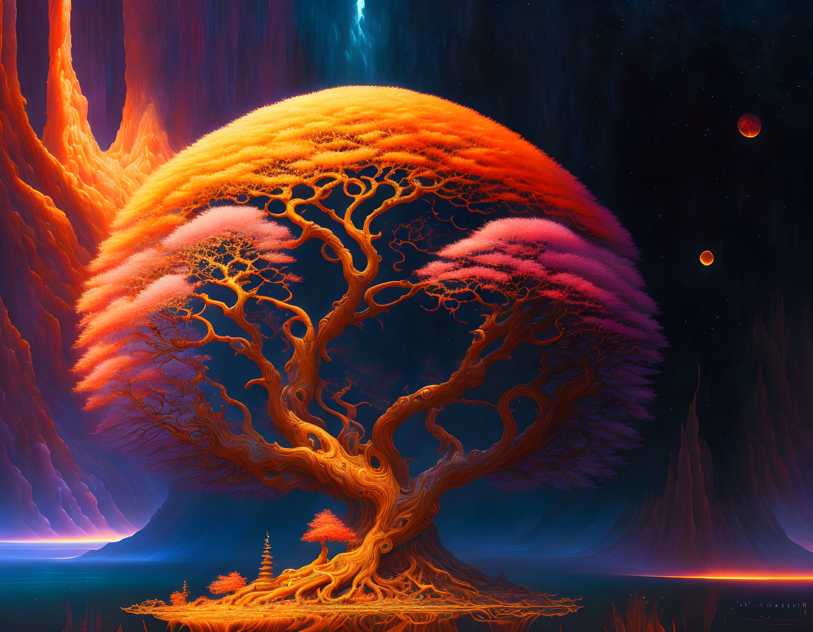 Colossal fiery orange tree in cosmic scene with towering cliffs