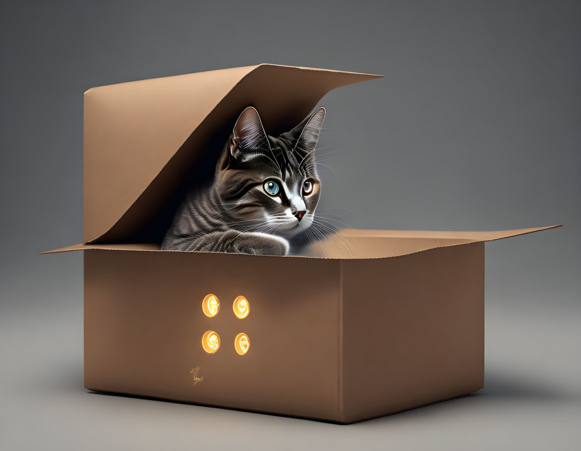 Cat with Striking Eyes in Cardboard Box with Control Panel Buttons