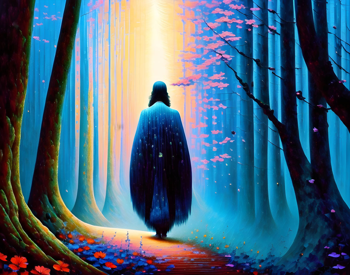 Mystical forest scene with solitary figure in cloak