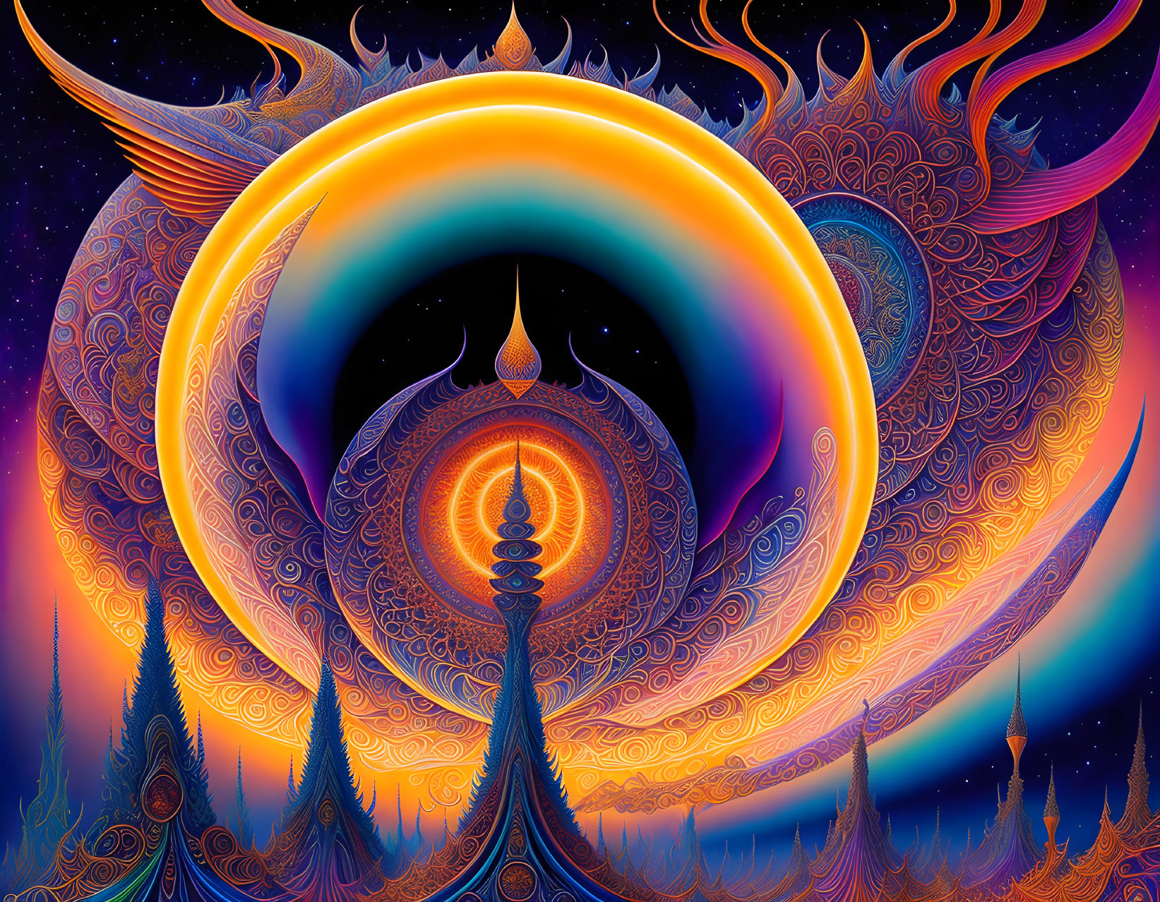 Colorful psychedelic artwork with intricate patterns, central spire, and celestial body.