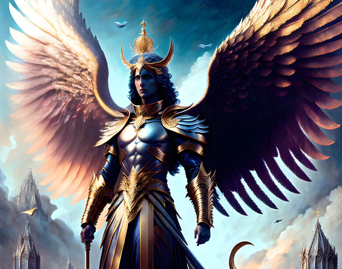 Majestic figure with large wings and armor in front of fantasy castle backdrop