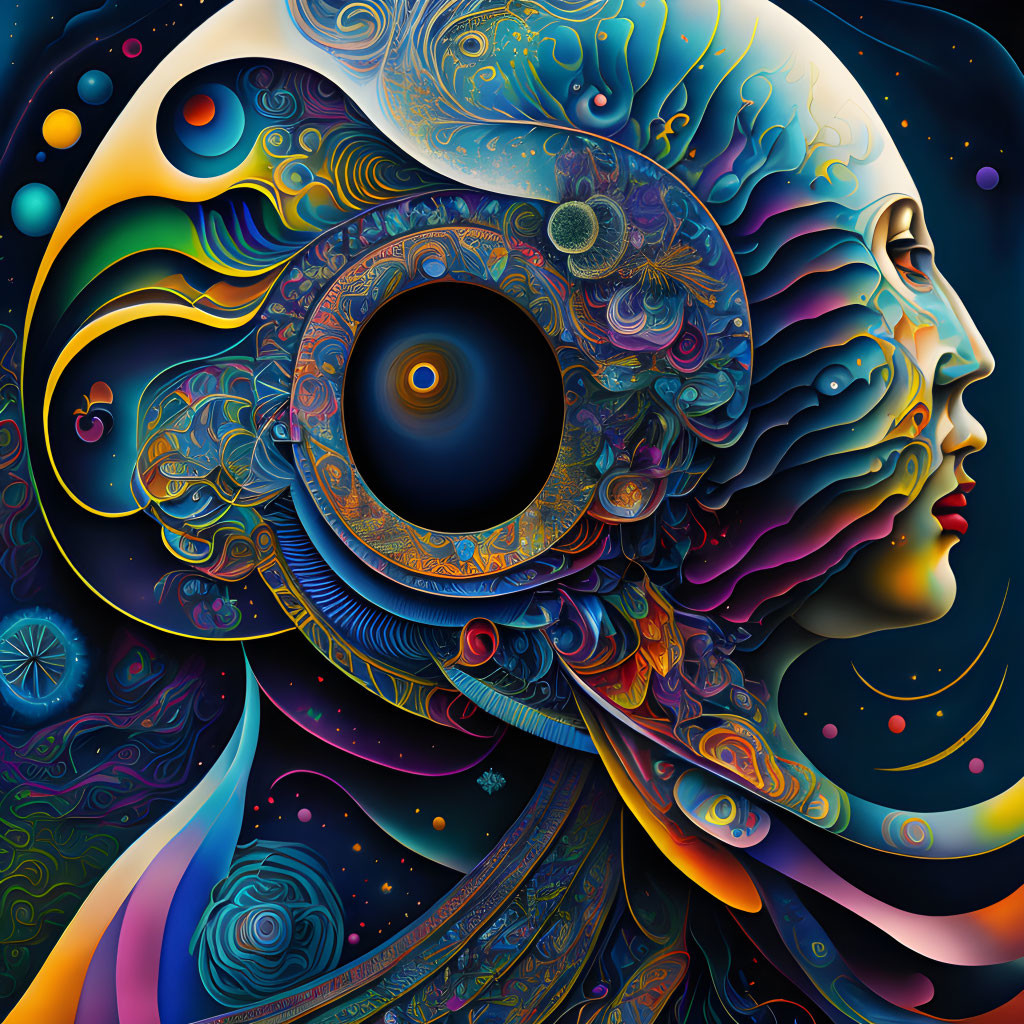 Colorful Psychedelic Woman's Profile Illustration with Detailed Eye and Cosmic Floral Patterns