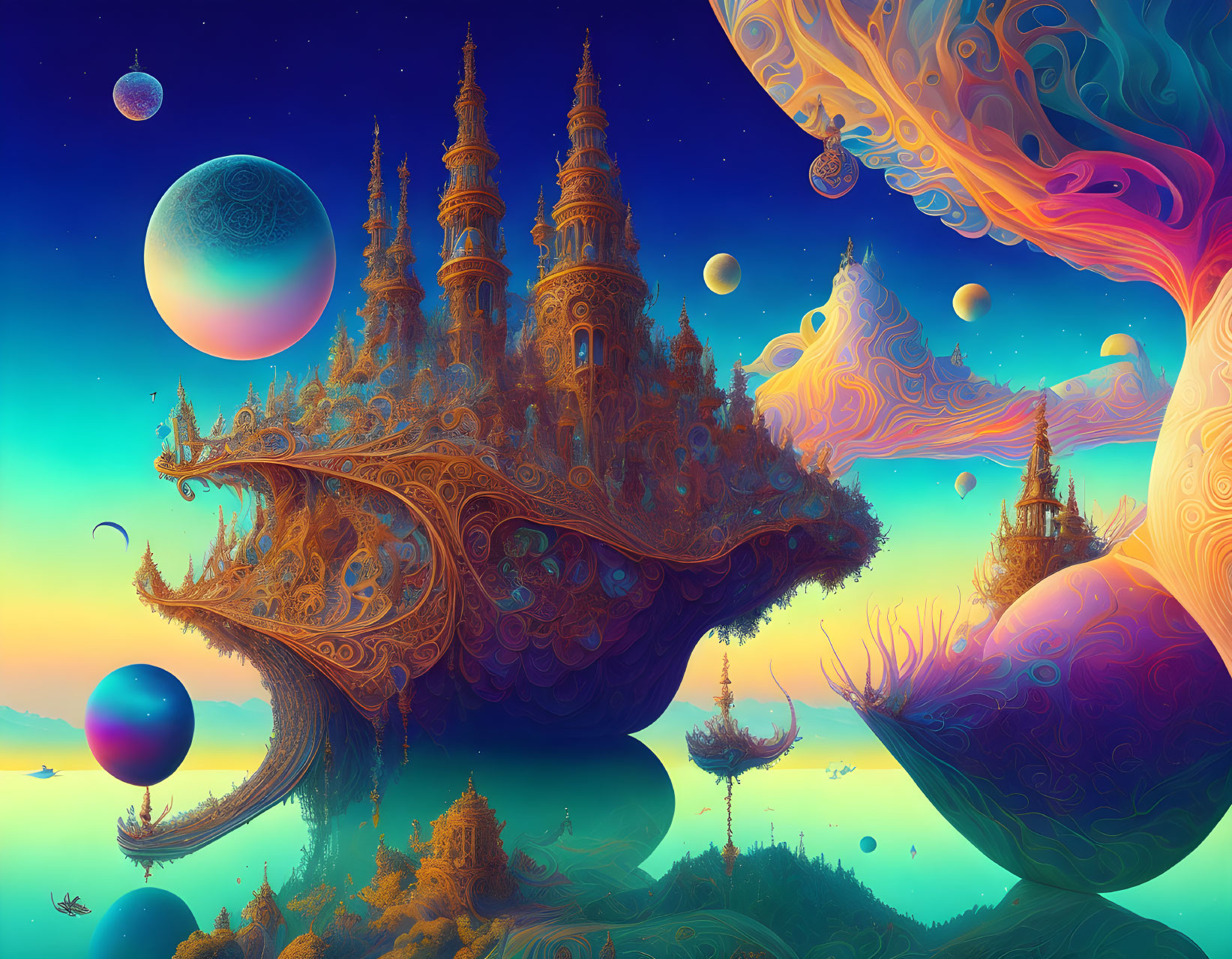 Ornate buildings on floating island with colorful nebulae