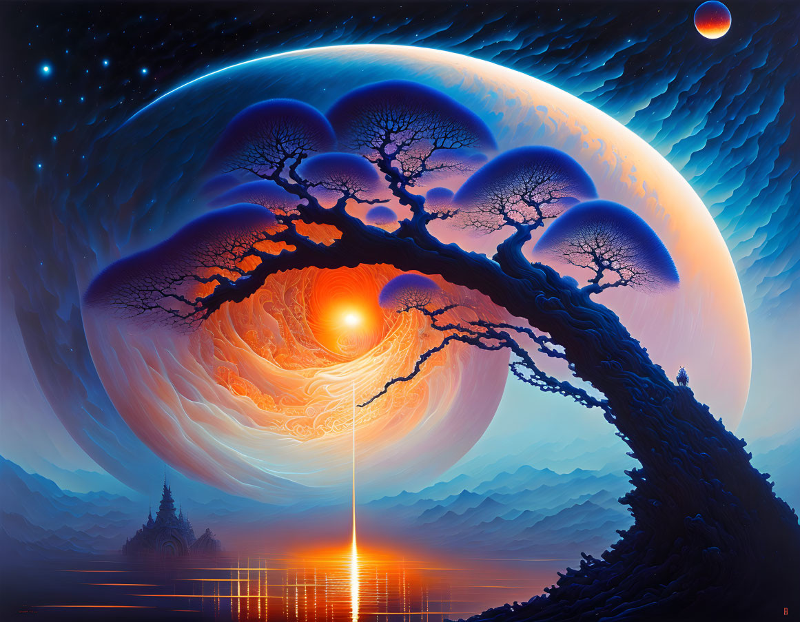 Surreal landscape with giant tree, cosmic backdrop & sun reflection