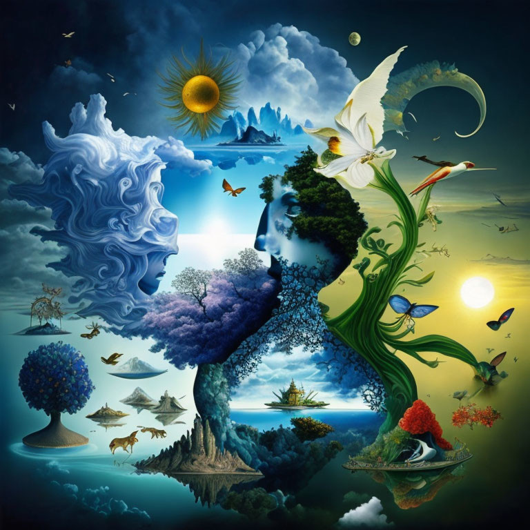 Fantasy surreal art: Nature, day & night, human profiles, flora, fauna, floating islands