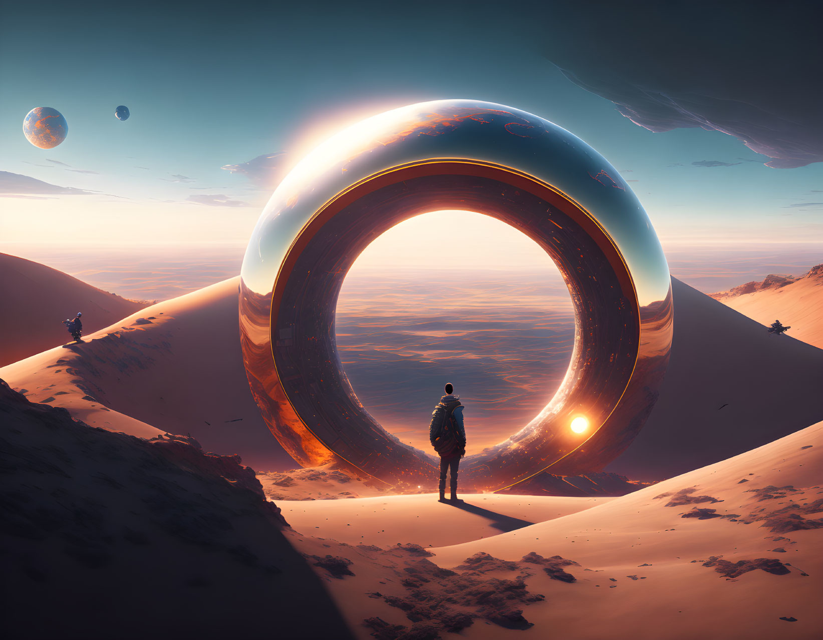 Person standing before mirror-like ring reflecting sunrise in desert with distant planets visible