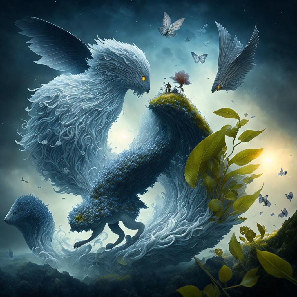 Mystical creatures with flowing fur in lush environment with butterflies and radiant light