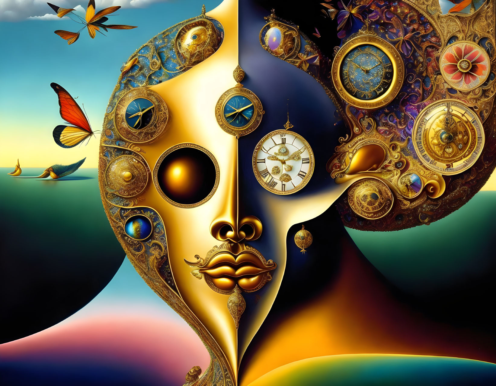 Surreal face art with ornate details, celestial elements, vibrant birds