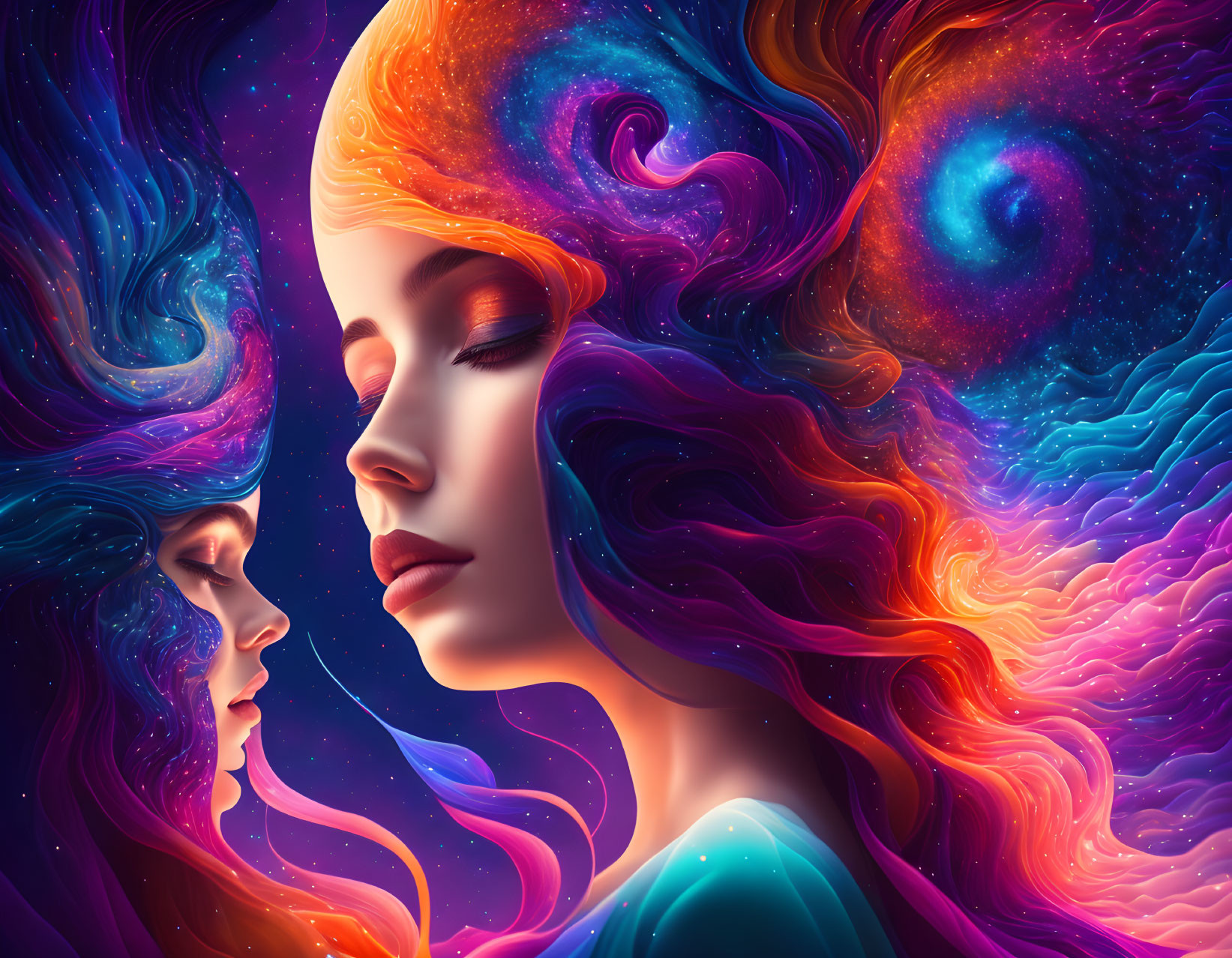 Stylized female figures with cosmic hair in vibrant space nebula