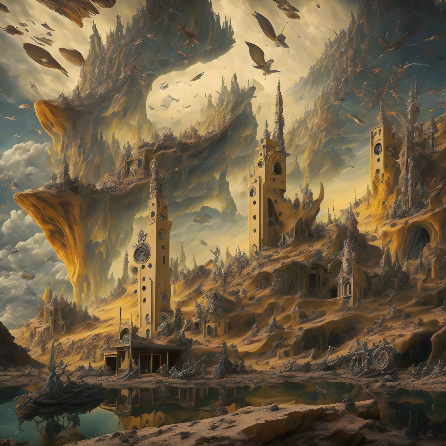 Surreal landscape with floating islands and towering spires