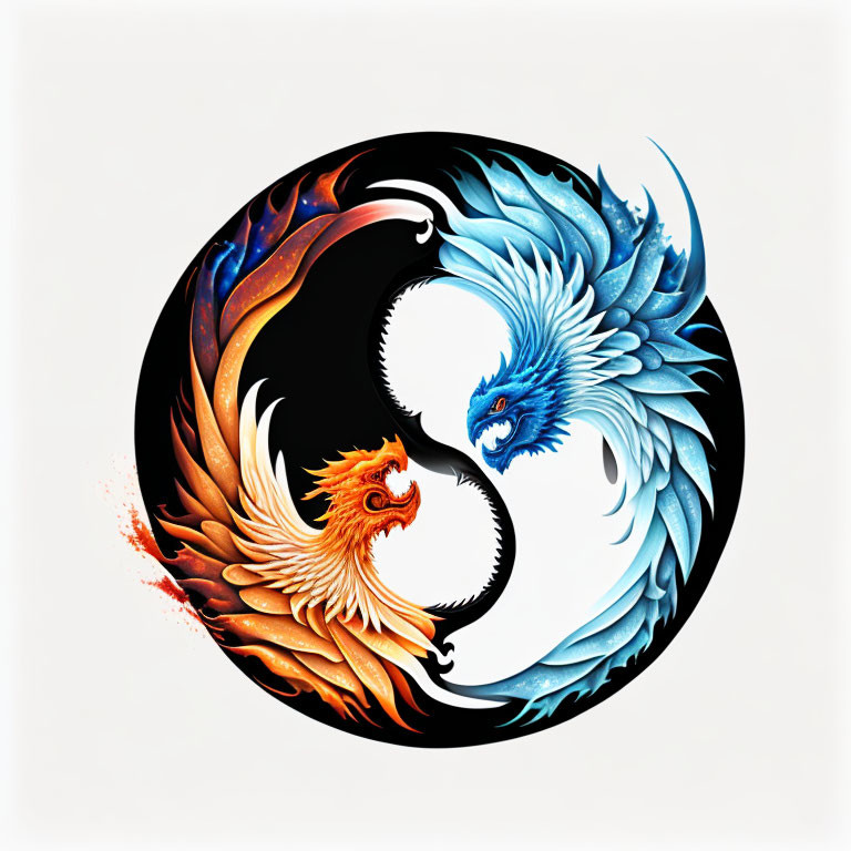 Yin-Yang Symbol with Orange Phoenix and Blue Dragon