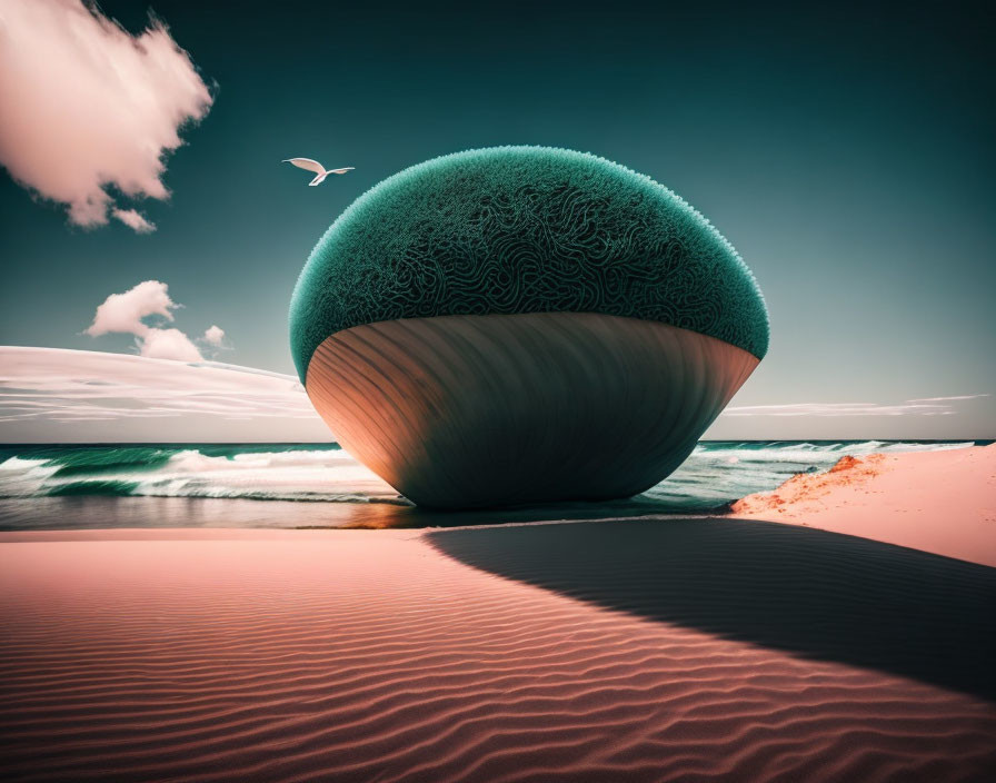 Enormous shell on beach with intricate designs under teal sky