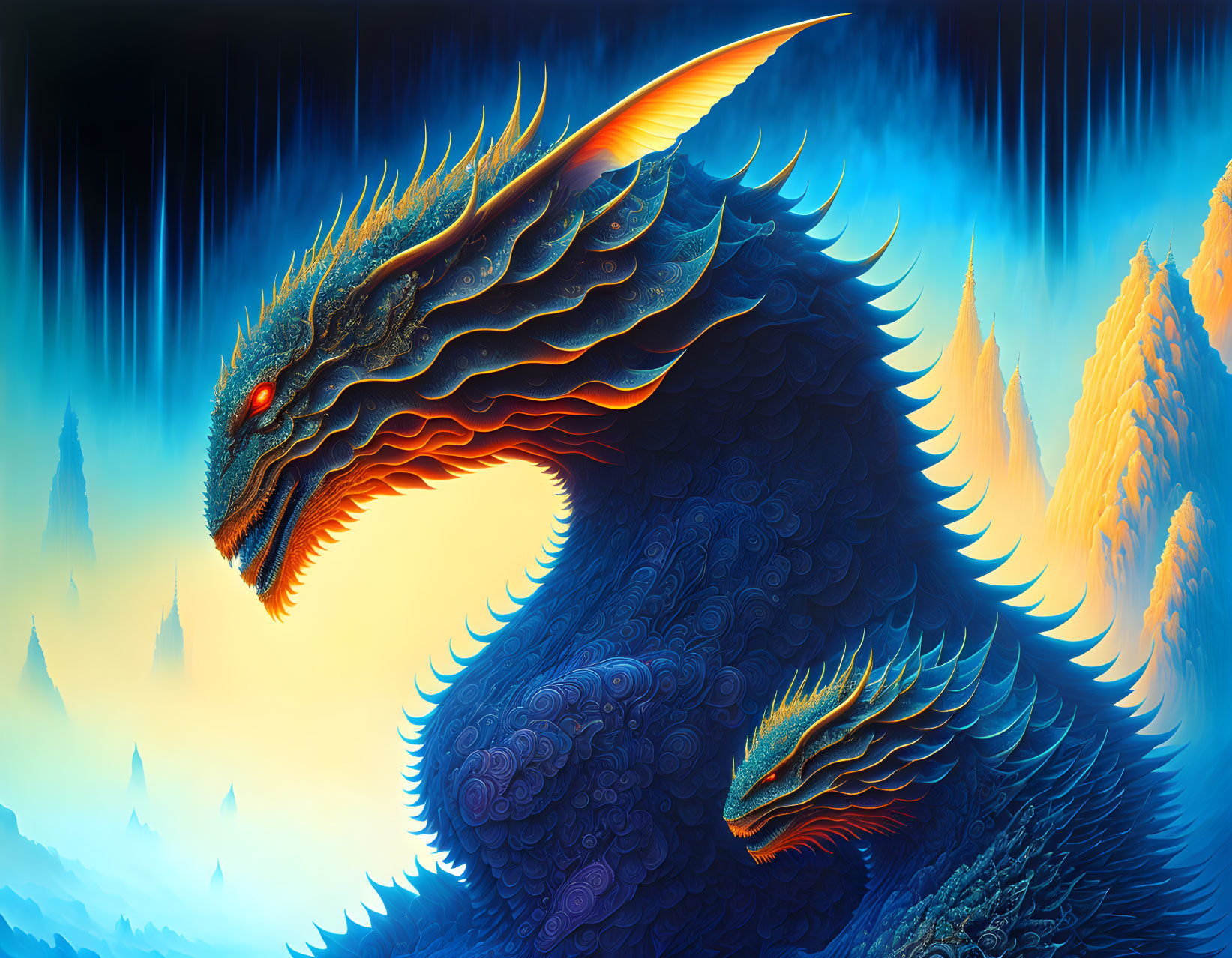 Mythical blue dragon digital artwork with fiery peaks and blue streams