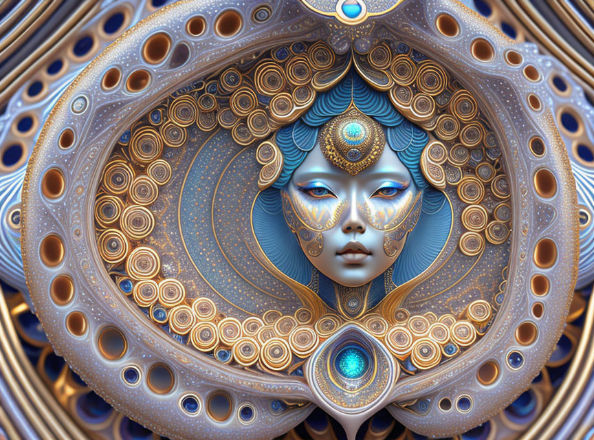 Stylized female face digital art with blue and gold mandala patterns